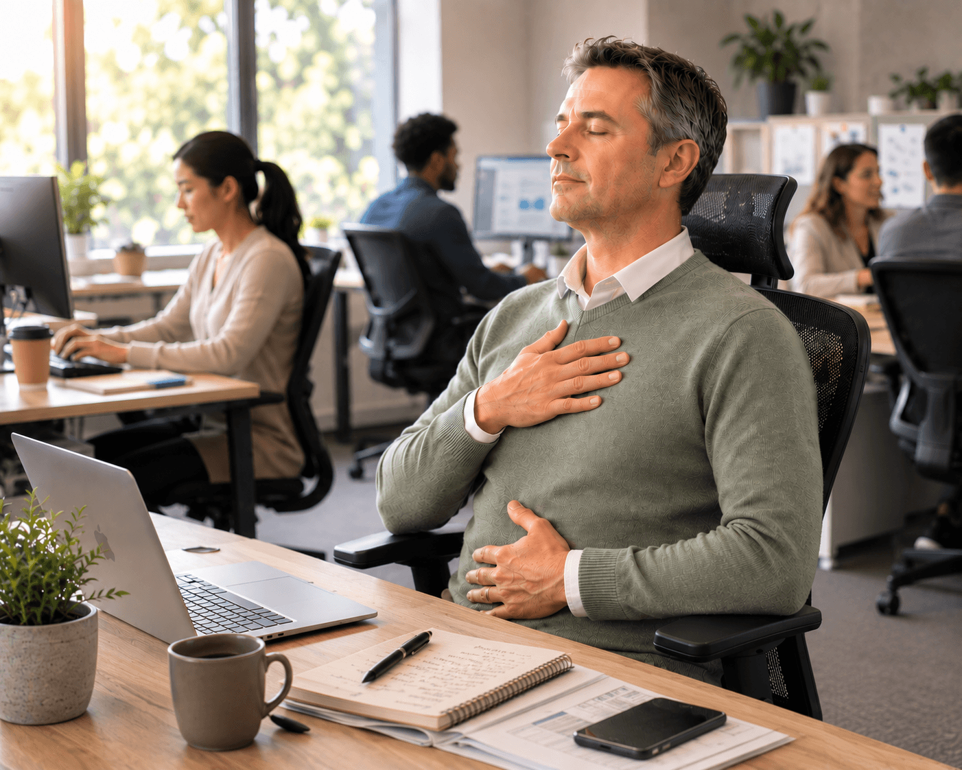 calm man at desk in office taking deep breaths